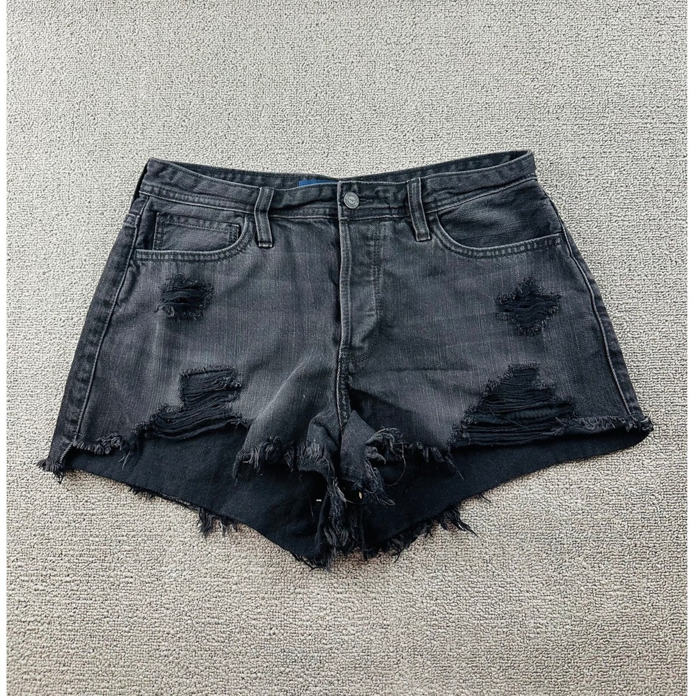 Hollister Shorts Women 11 Black High-Rise Mom Denim Distressed Frayed Grunge